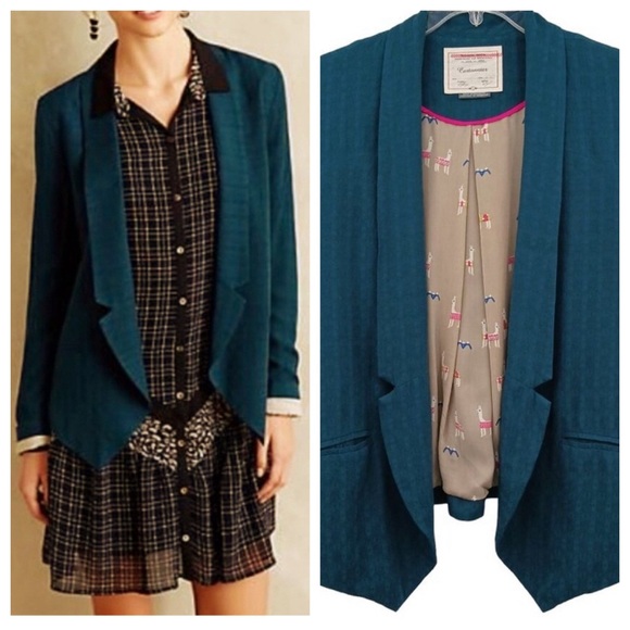 Cartonnier Jackets & Blazers - Anthropologie Cartonnier Camello Draped Blazer Llama Print Lining Turquoise Larg